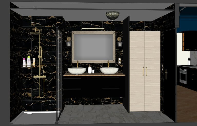 salle d'eau baroque noir et or