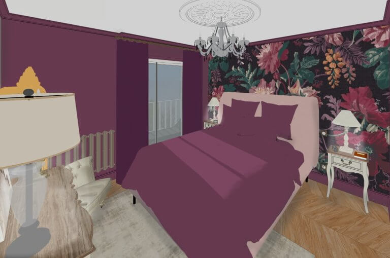 chambre rose foncé avec papier peint décoration baroque