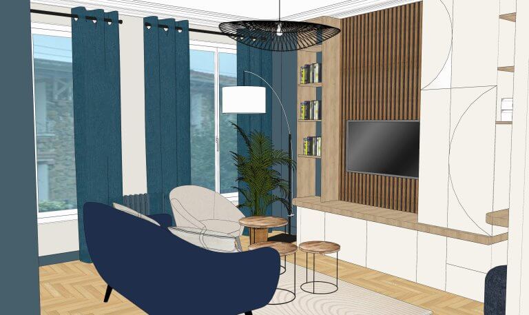 salon bleu avec meuble Tv sur mesure