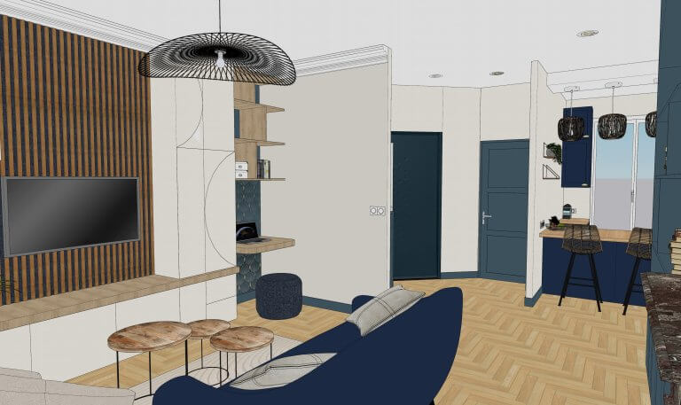 salon scandinave avec meuble tv sur mesure coin bureau et cuisine