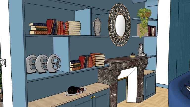 salon bleu avec cheminée et bibliothèque sur mesure