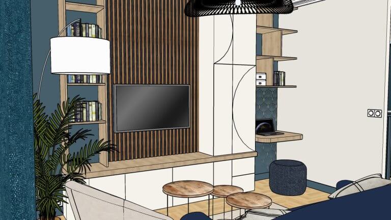 salon scandinave avec meuble tv sur mesure coin bureau