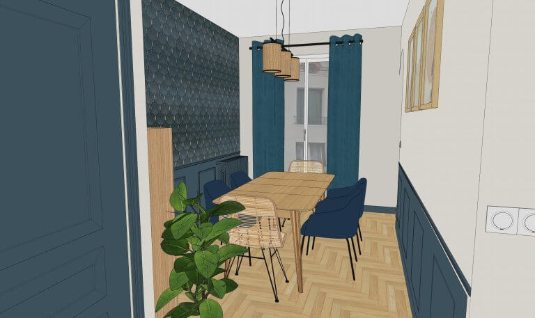 séjour bleu esprit scandinave avec sous bassement bleu et papier peint