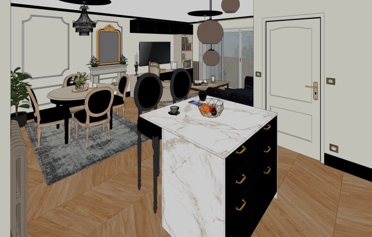 cuisine séjour salon avec décoration baroque