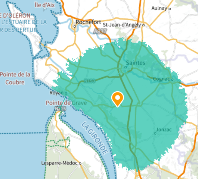 Zone d'intervention : zone de 40km autour de Gémozac