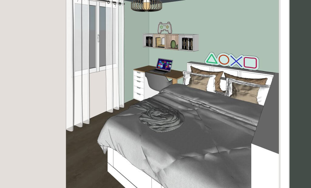 visuel 3D chambre adolescent avec lit avec rangement sur mesure et bureau