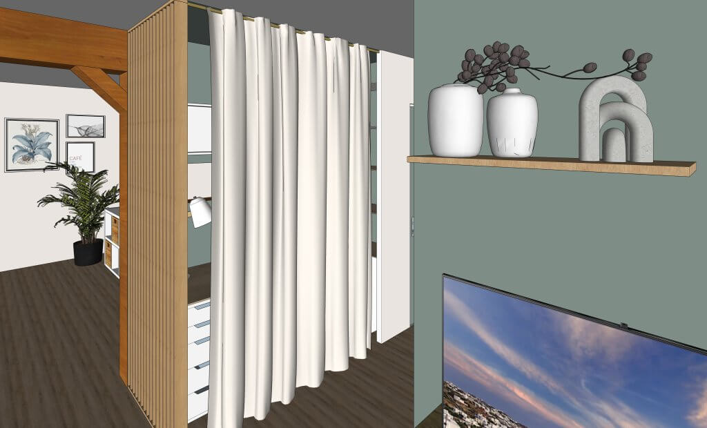 coin bureau dans salon caché avec un rideau