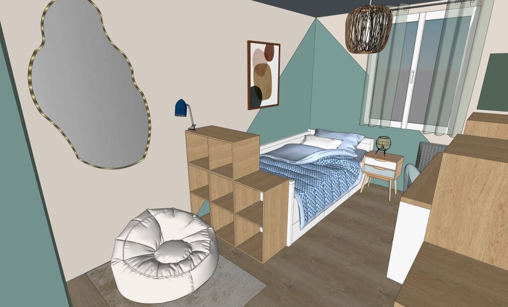 visuel 3 d chambre adolescente avec lit bibliothèque et pouf