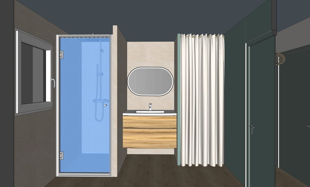 coupe salle d'eau visuel 3 D avec douche placard et meuble vasque