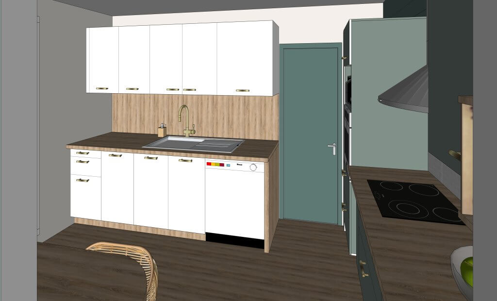 visuel 3D cuisine avec coin lavage meuble blanc et plan de travail bois