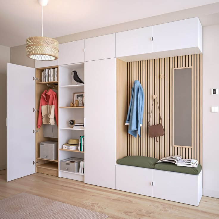 placard d'entrée avec banc, miroir, patères et rangement chaussures