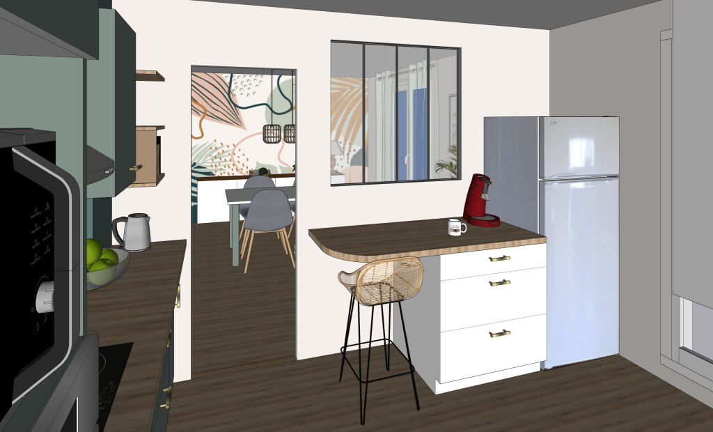 visuel 3D avec coin snack cuisine et vue séjour