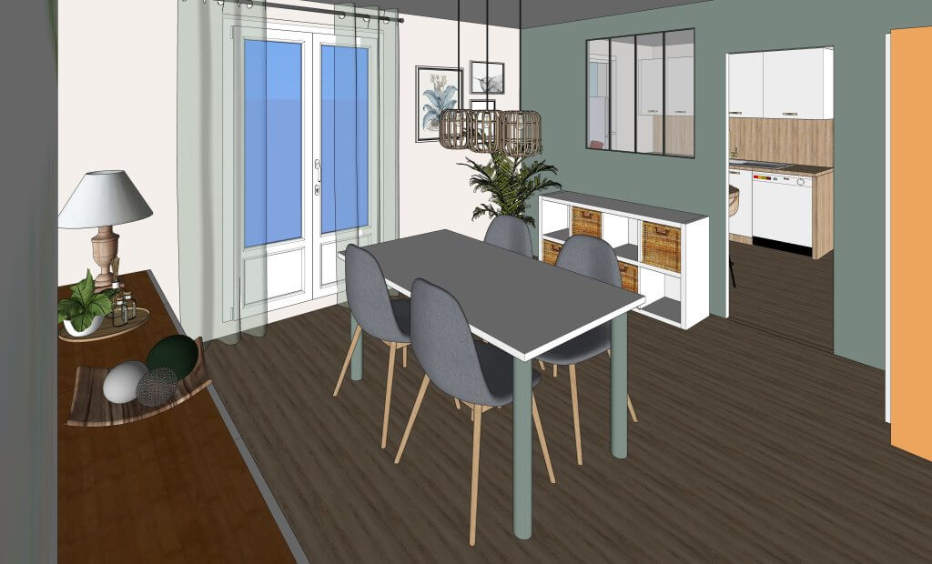 visuel 3D séjour avec table et étagère vue cuisine
