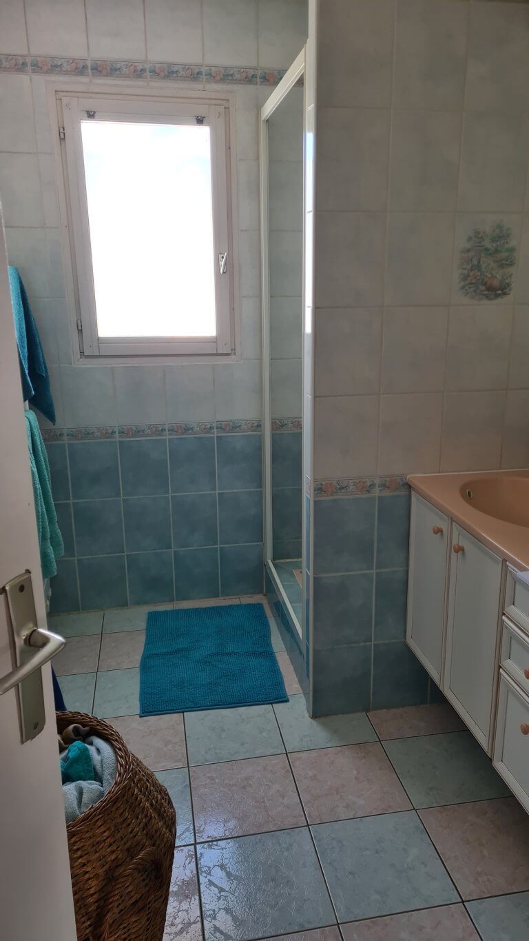 salle d'eau avant travaux faïence bleu et rose