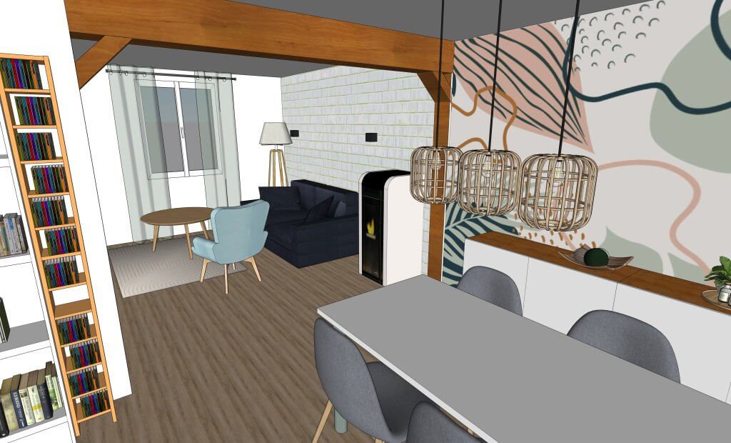visuel 3D salon - séjour avec table, buffet et coin canapé, poêle