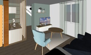 visuel 3D salon avec meuble tv et coin bureau